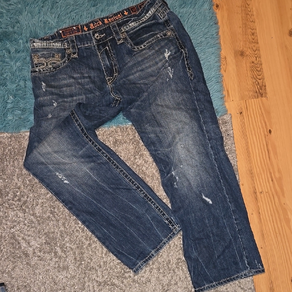 Rock Revival Blue Relaxed Jeans with Distressed Details